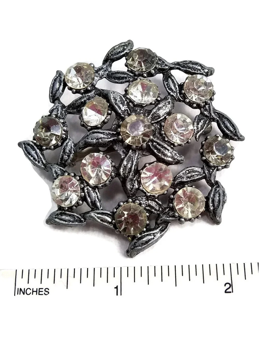 Vintage Dark Silver Tone, Clear & Gray Rhinestones Wreath Brooch, Pewter Brooch.